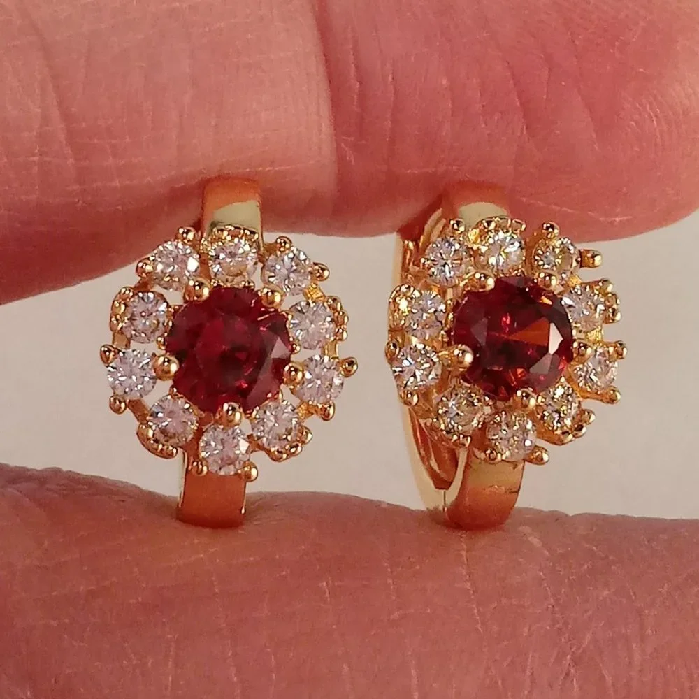 18K Yellow Gold Filled Flower Garnet Red Diamond Zircon Hoop Huggie Earrings